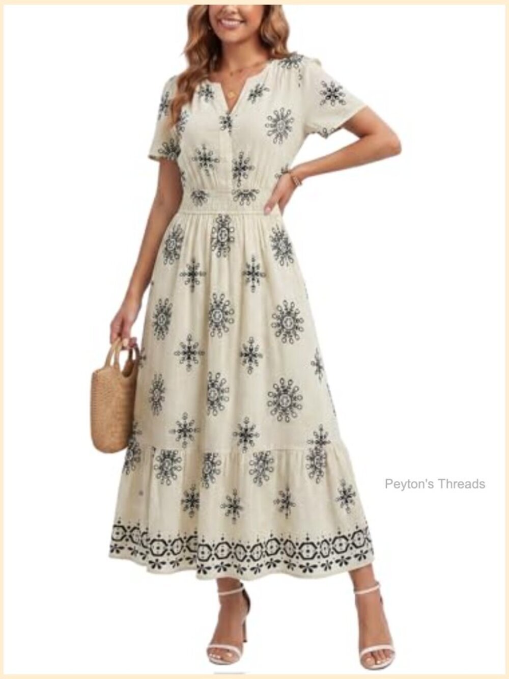 V Neck Short Sleeve Flowy Maxi Dress - Bohemian Floral Tiered Ruffle - Picture 3 of 4
